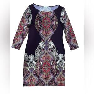 Boston Proper Brown Purple Paisley Boho Short Shift Dress- Medium MADE IN USA